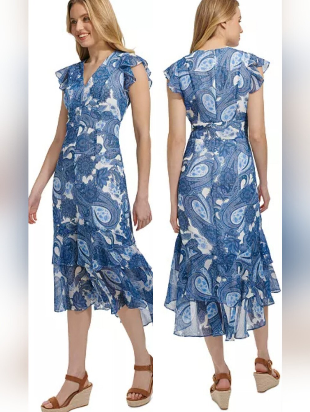 Tommy Hilfiger Chiffon Paisley Floral Ruffle Wedding Garden Party Zip Maxi Dress